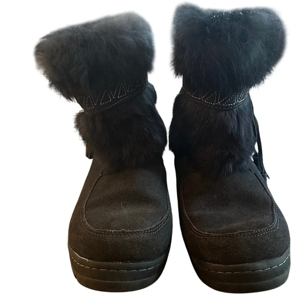 Minnetonka Black Suede Rabbit Fur Trim Winter Boots Women's‎ 10